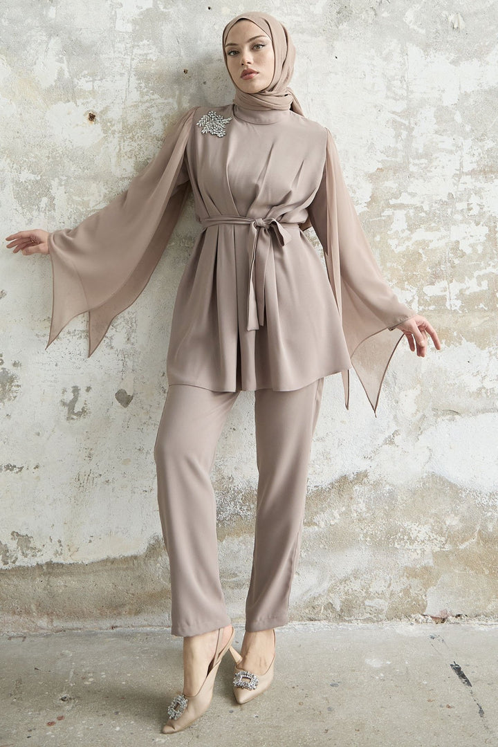 MDS Women Stone-Accented Tulle Crepe Set - Beige - Lleida