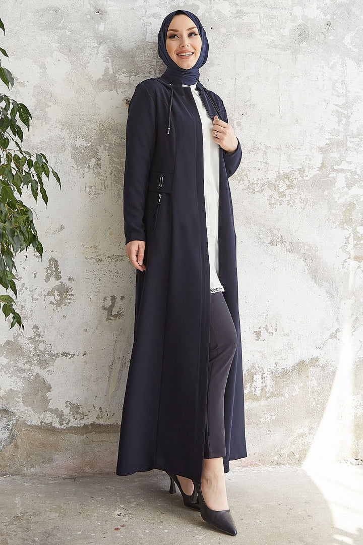 MDS Women Elena White Detailed Hooded Abaya - Navy Blue - Champaign