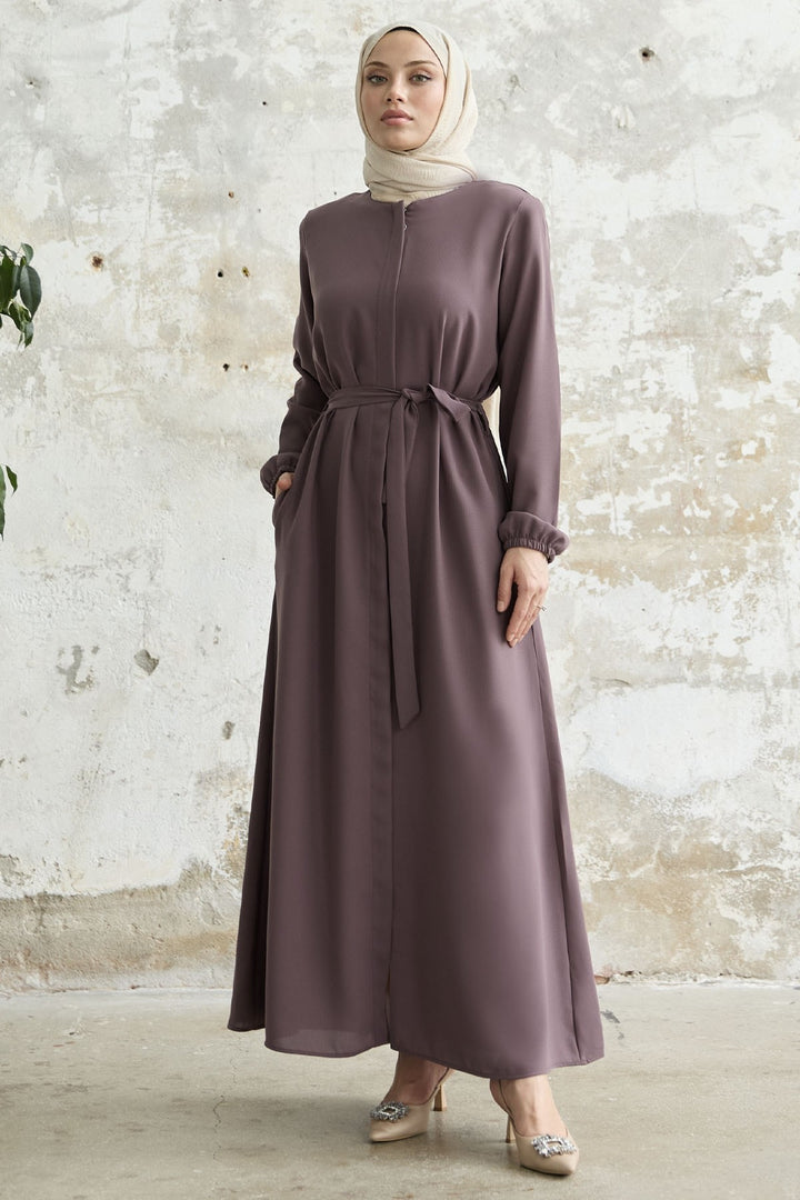 MDS Women Belted Honeycomb Fabric Abaya - Rose Pink - Lehrte