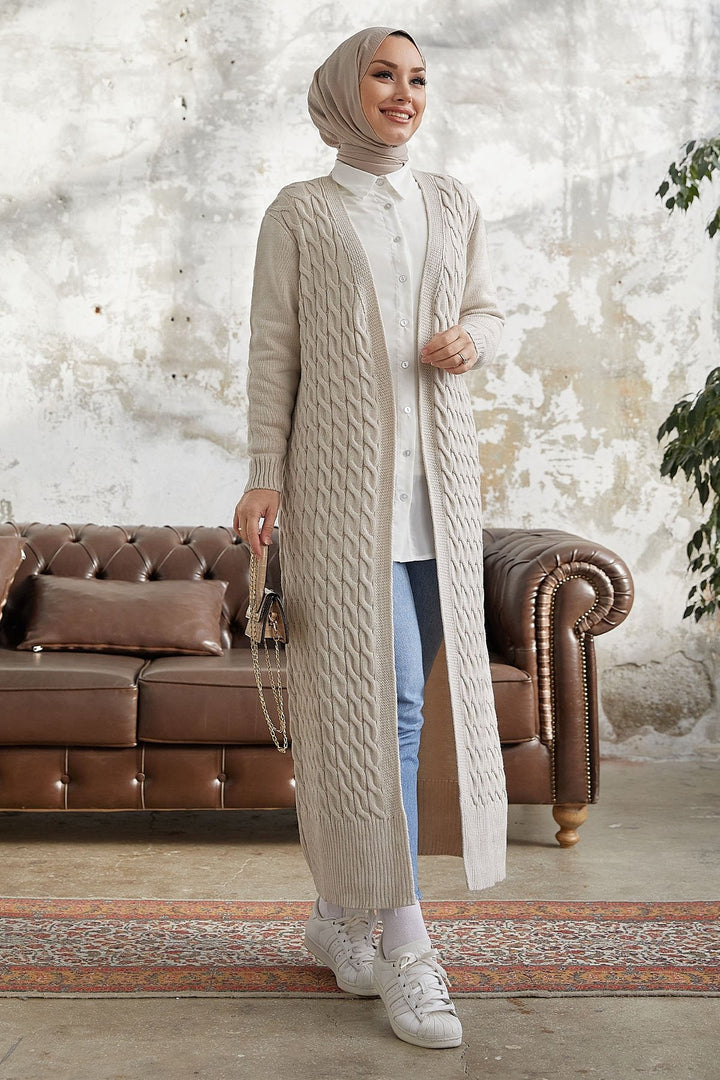 MDS Women Jolie Knitted Patterned Long Cardigan - Beige - Bury