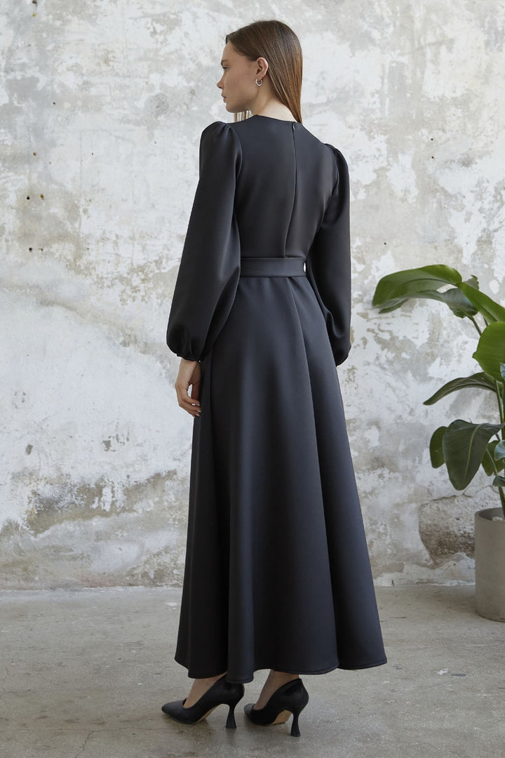 MDS Women Balloon Sleeve Belted Scuba Dress - Black - Moortebeek