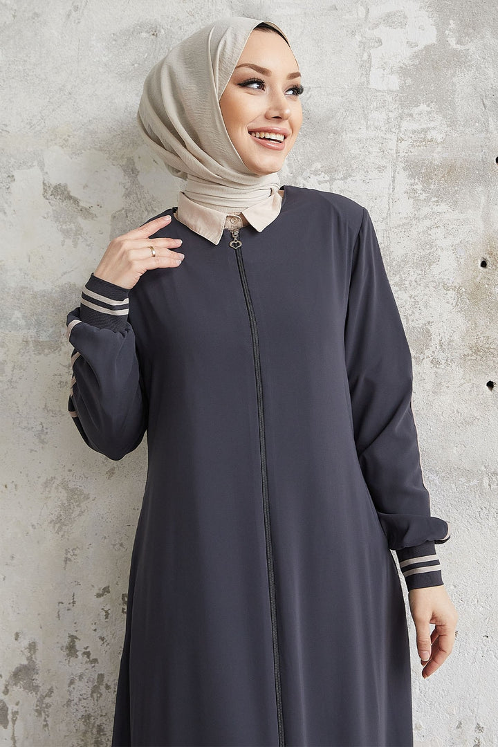 MDS Women Hazel Striped Patterned Abaya - Smoke Gray - Haverhill