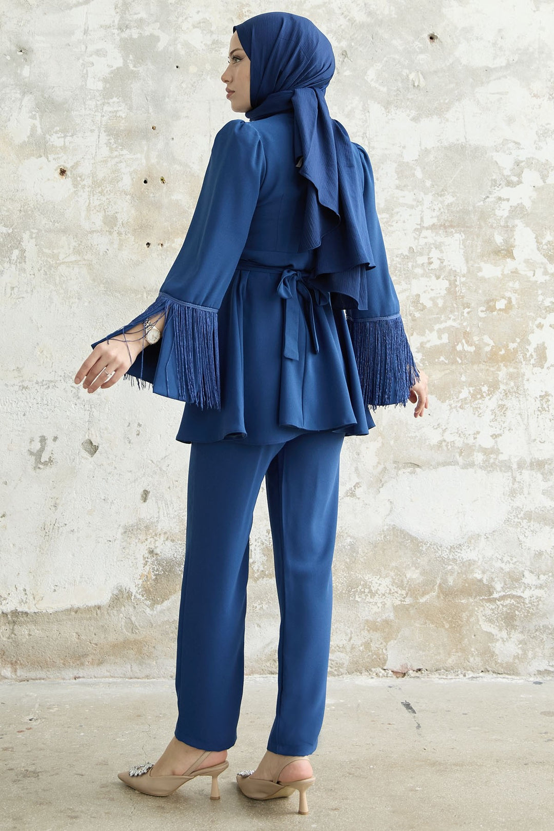 MDS Women Tasseled Sleeve Stone Crepe Set - Cornflower Blue - Lima