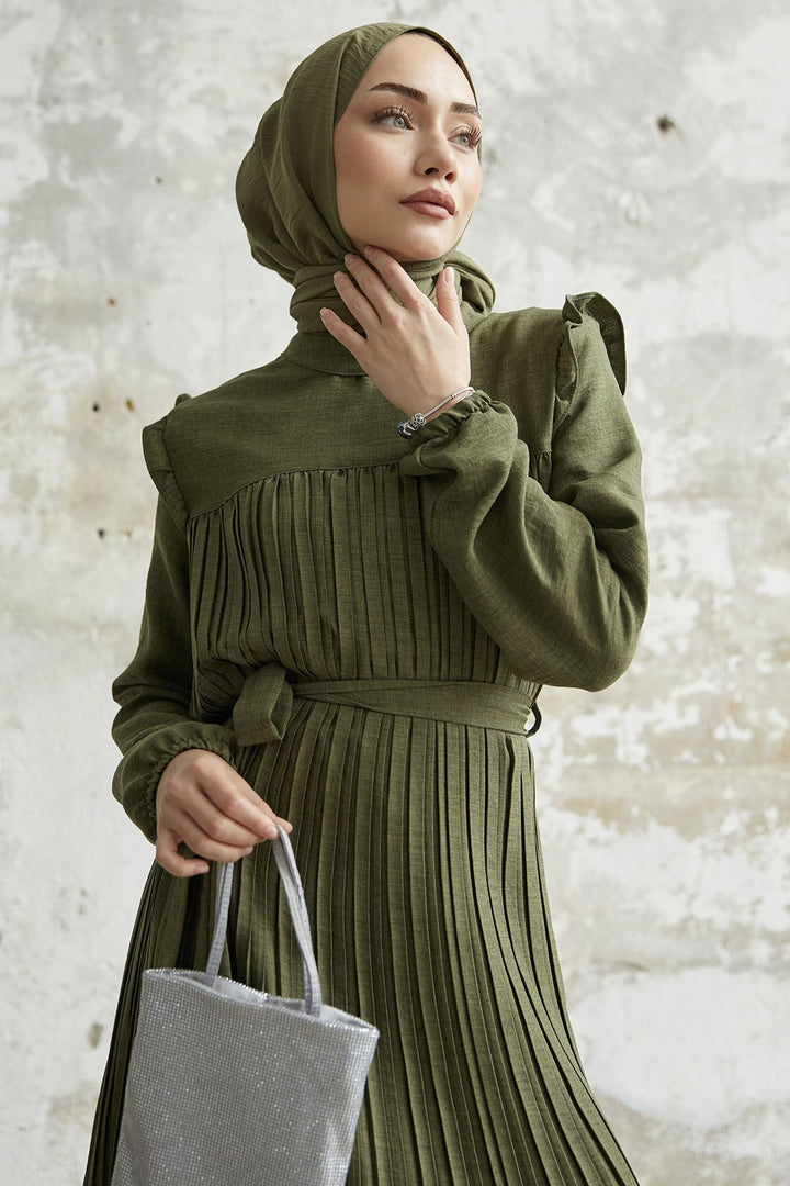 MDS Women Ruffle Trim Linen Dress with Puff Sleeves - Khaki - Manukau City