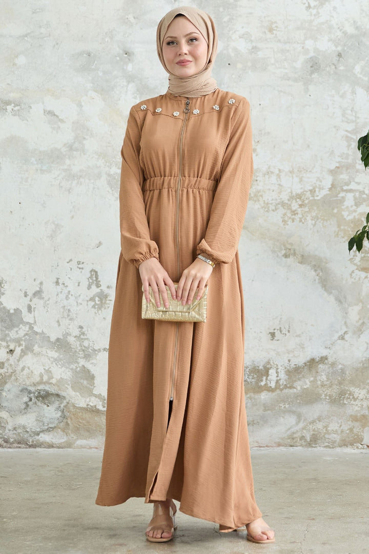 MDS Women Flower Pearl Embroidered Elastic Camel Ferace - Farmers Branch