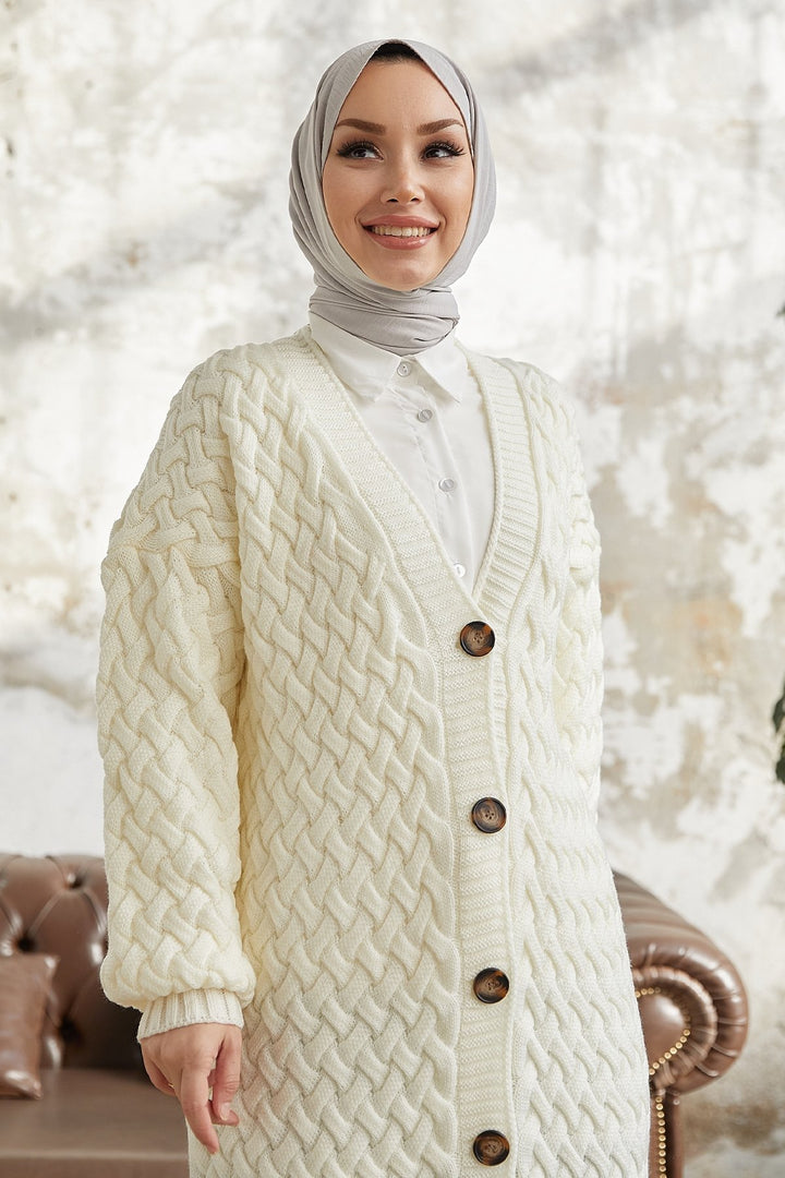 MDS Women Arene Long Braided Buttoned Cardigan - White - O Fallon