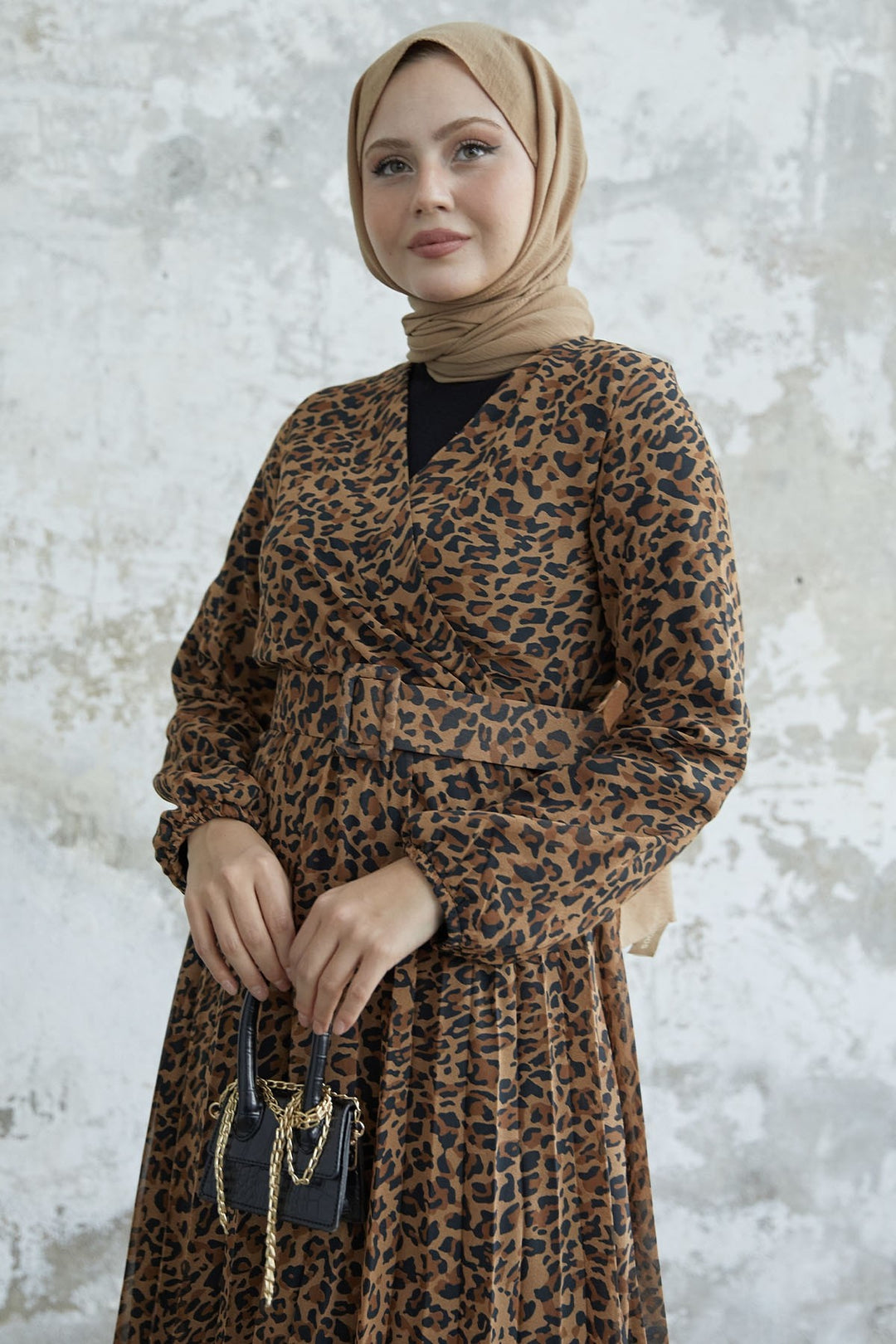 MDS Women Patterned Wrap Neck Chiffon Dress - Brown - Kobryn