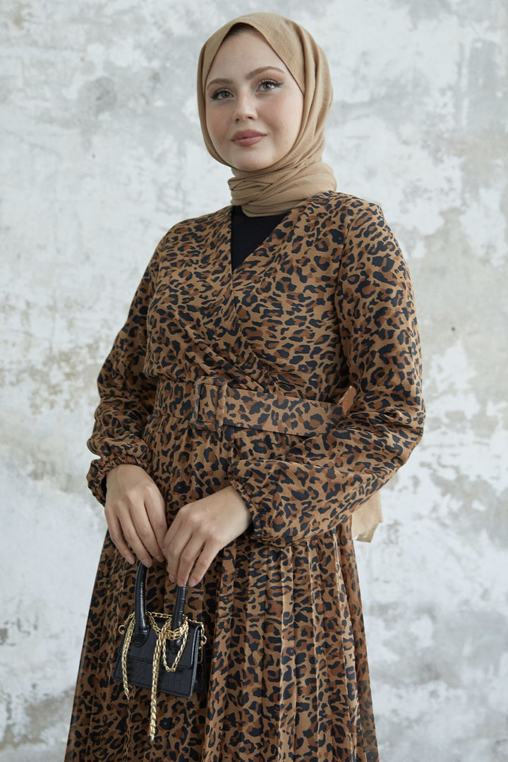 MDS Women Patterned Wrap Neck Chiffon Dress - Brown - Kobryn
