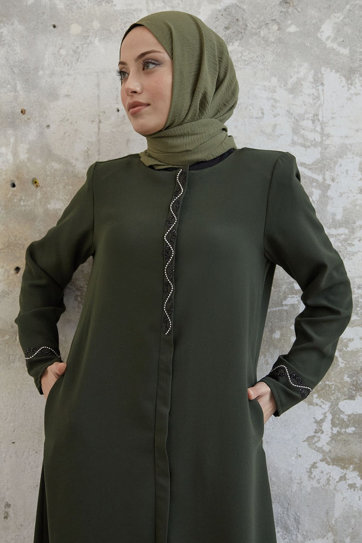 MDS Women Spiral Stone Detailed Honeycomb Abaya - Khaki - Huntsville