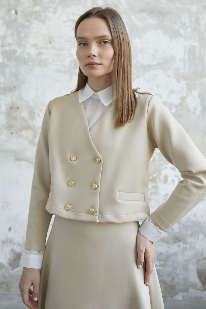 MDS Women Skirted Buttoned Jacket Scuba Suit - Stone - Dessau-Rosslau