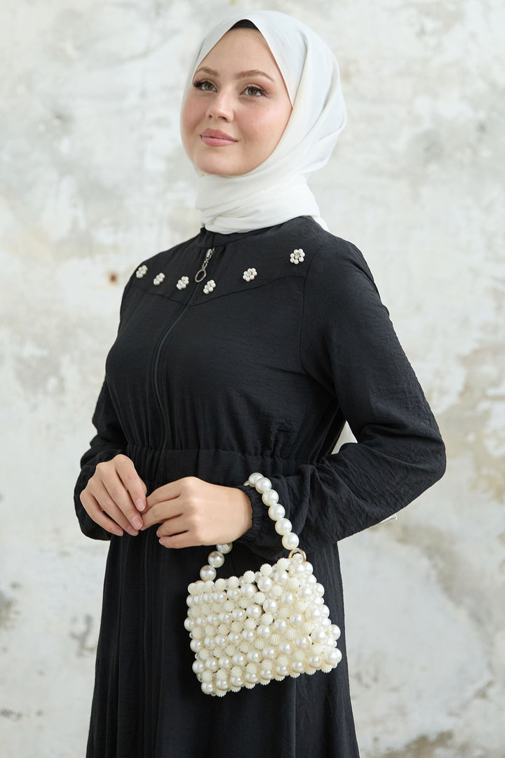 MDS Women Flower Pearl Embroidered Elastic Black Abaya - Wenatchee