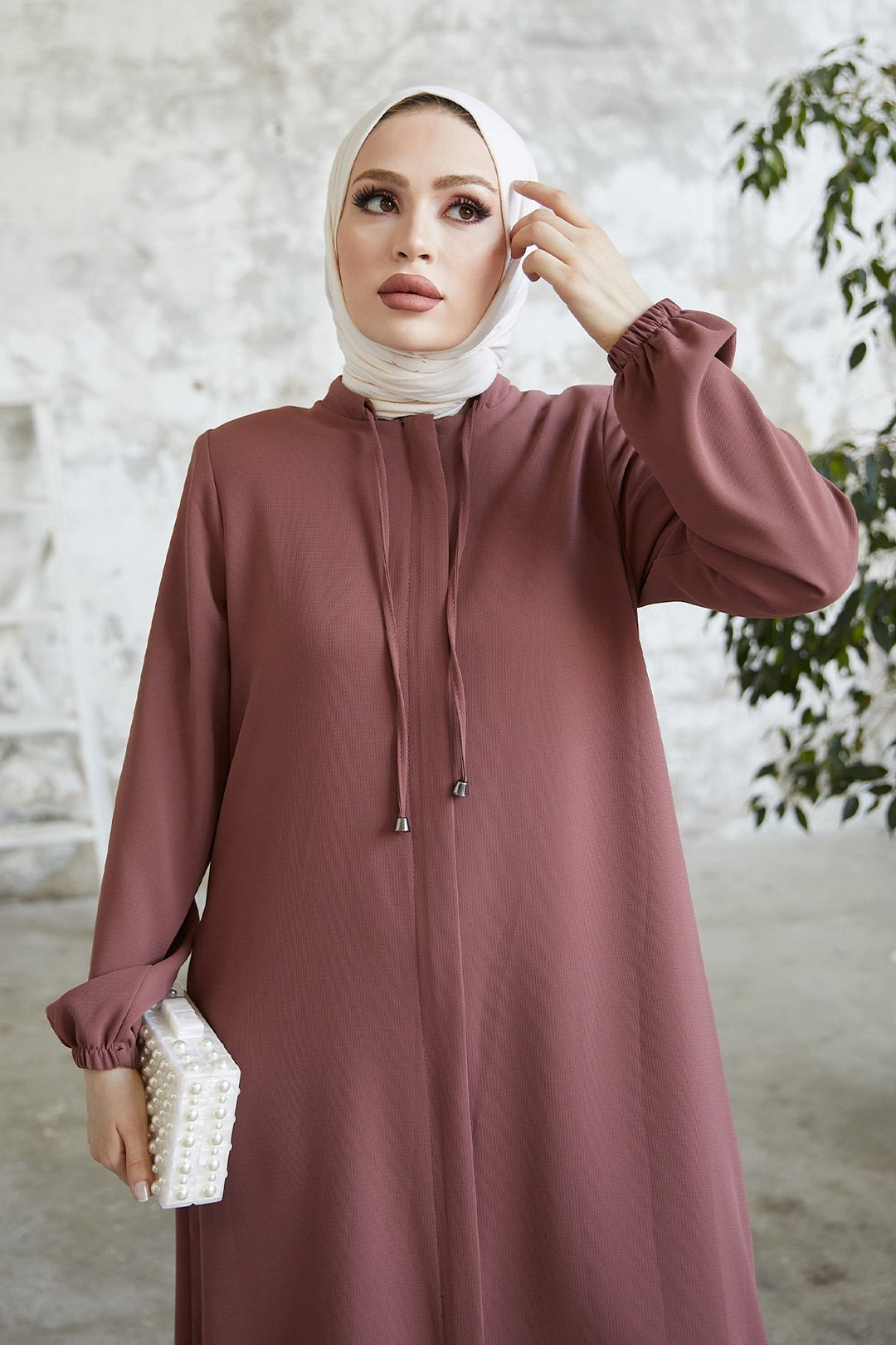 MDS Women Tied Lace Hidden Snap Abaya - Rose Pink - Remscheid
