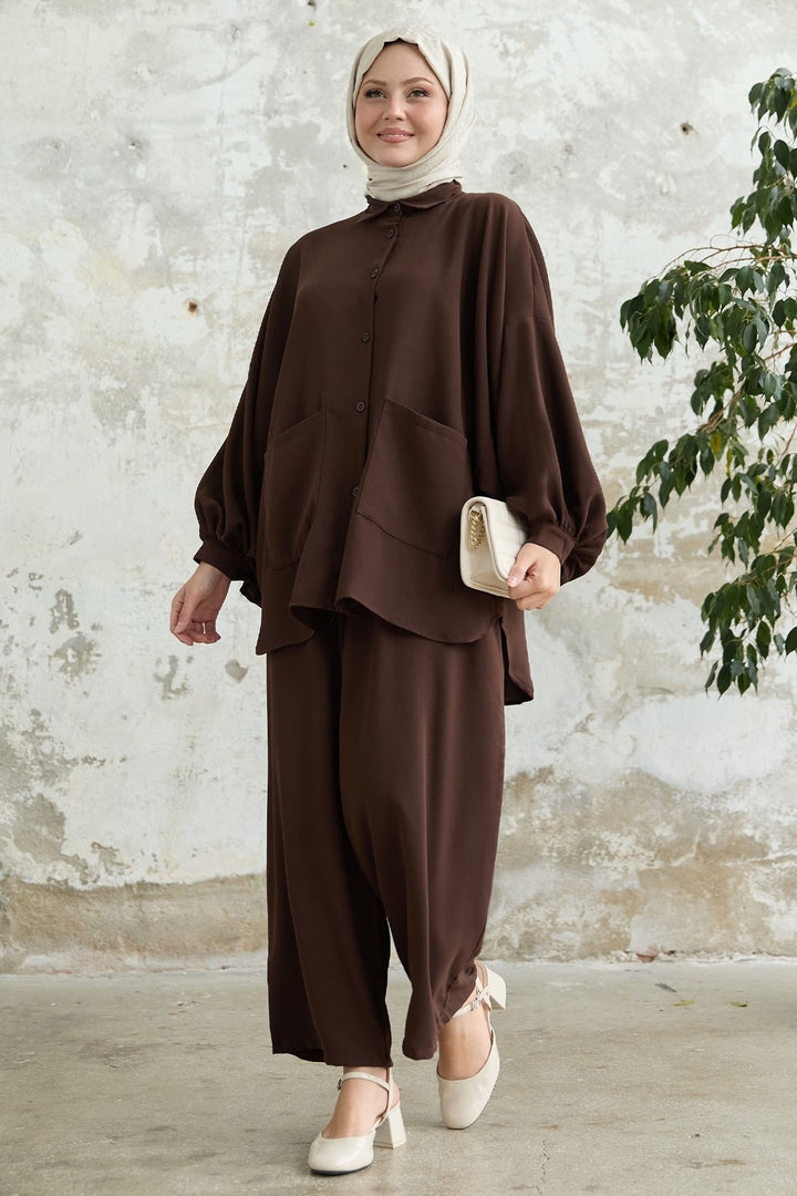 MDS Women Muno Balloon Sleeve Slouchy Bitter Coffee Set - Rechytsa