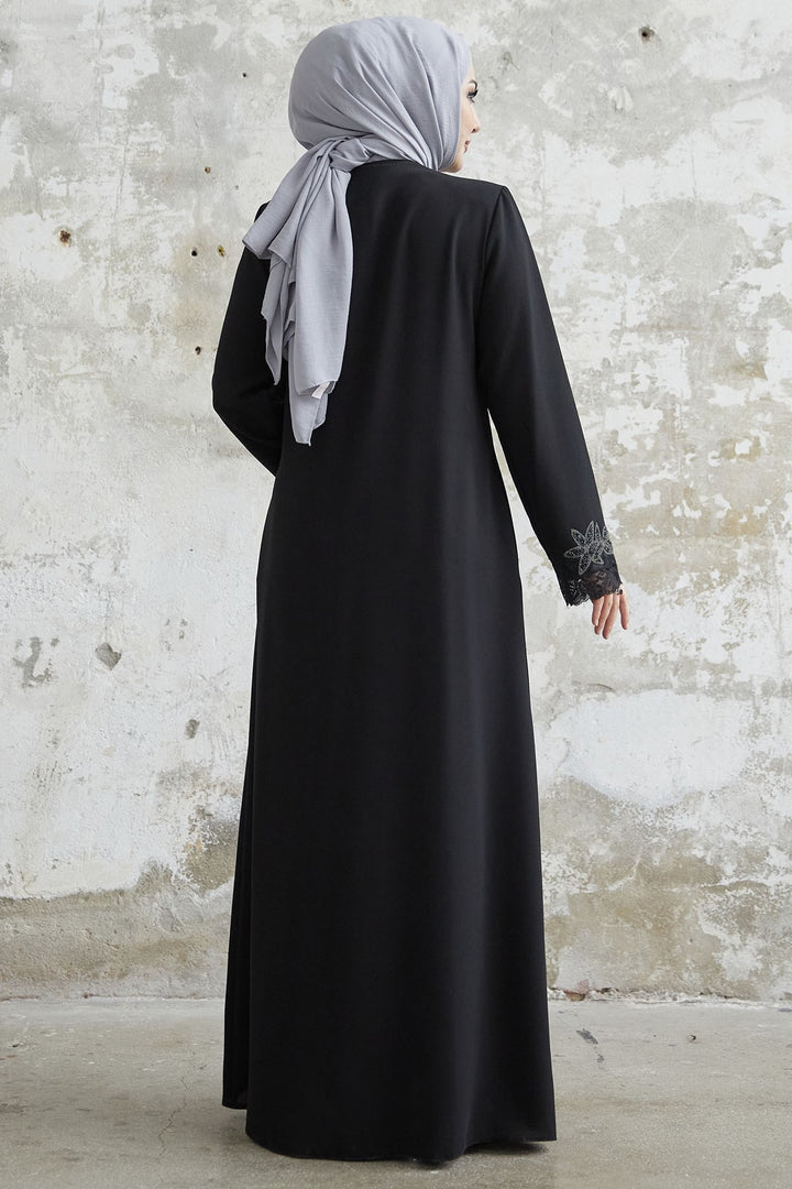 MDS Women Sleeve Flower Stone Abaya - Black - Catford