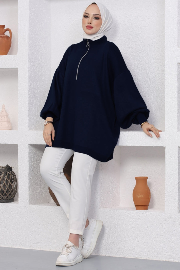 MDS Women Sara Zippered Knit Tunic - Dark Navy - Syracuse