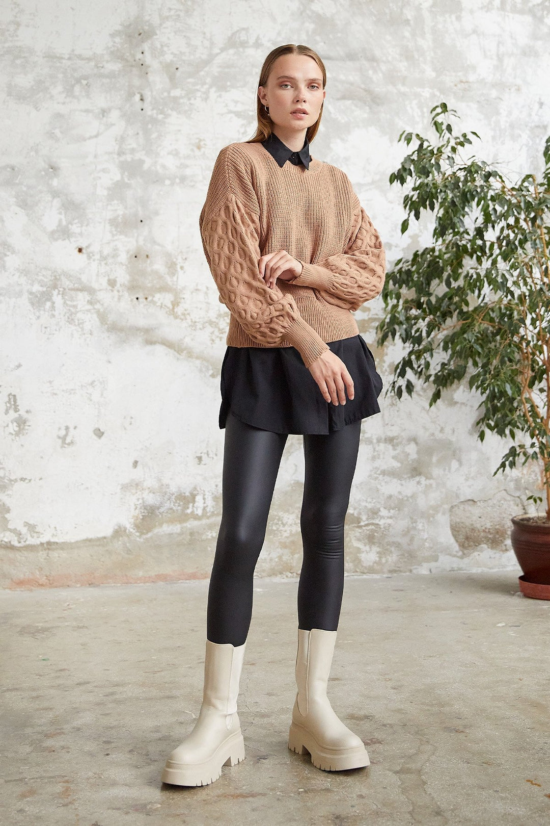 MDS Women Larisa Balloon Sleeve Knit Short Sweater - Camel - Kherson