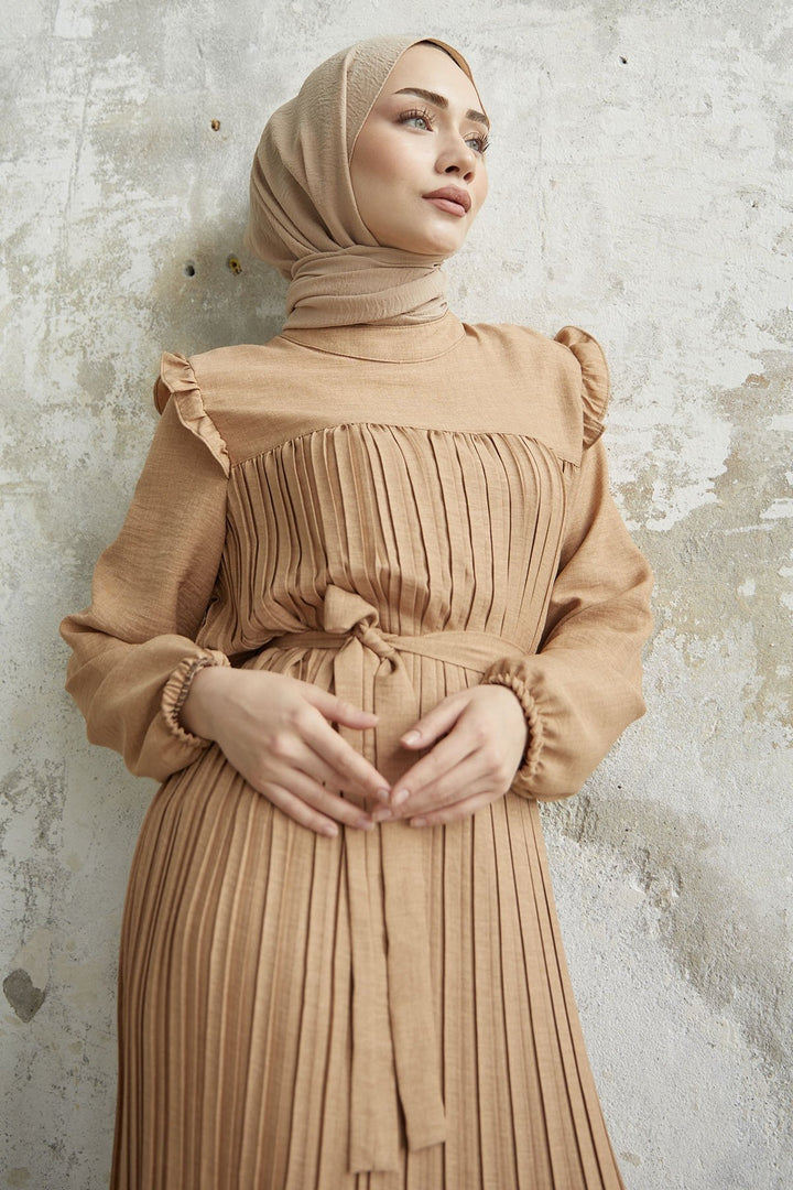 MDS Women Ruffle Trim Linen Dress with Puff Sleeves - Camel - Overland Park