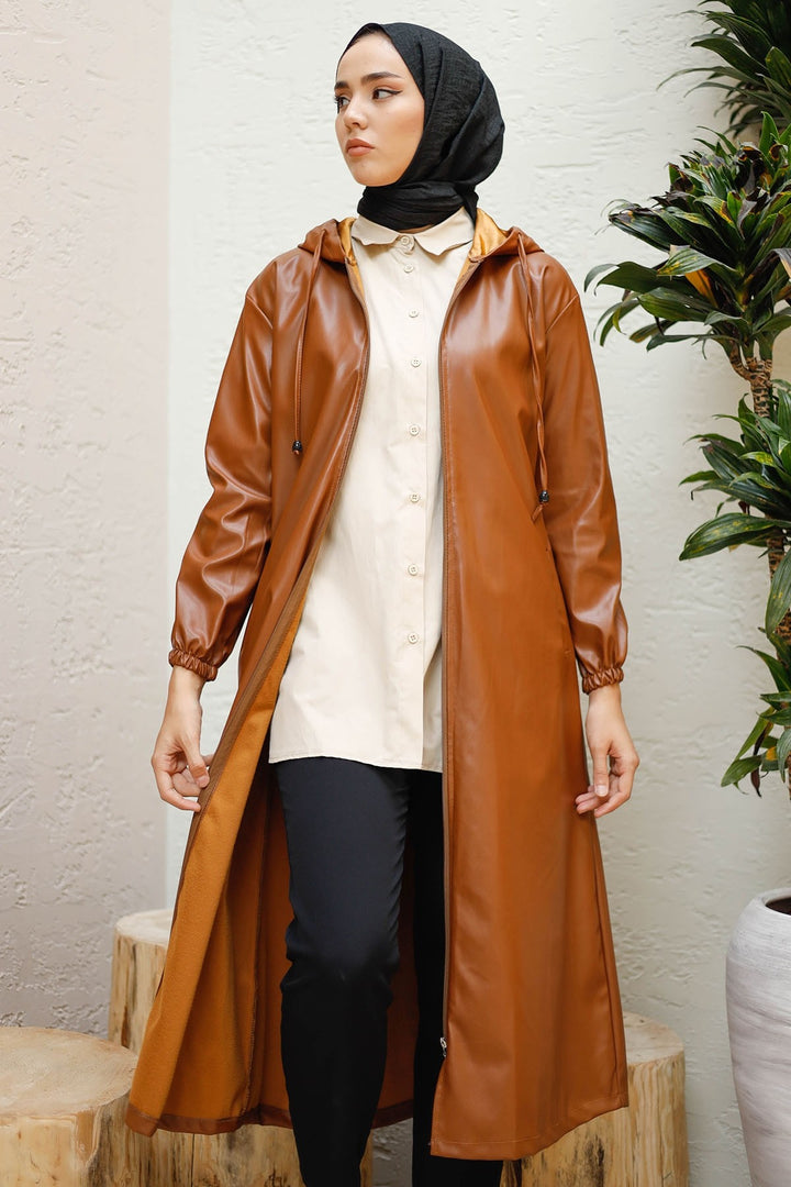 MDS Women Hooded Long Leather Coat - Tan - Olot