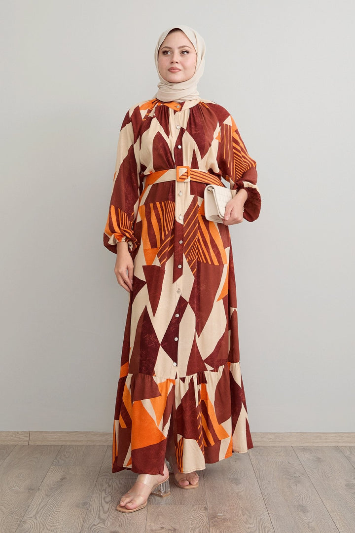 MDS Women Geometric Patterned Belted Brick Red Viscose Dress - Bellevue