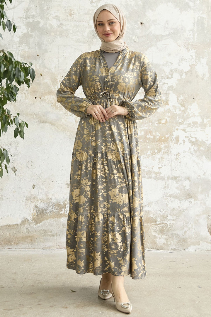 MDS Women Leaf Pattern Dress with Gold Leaf - Gray - Pombal