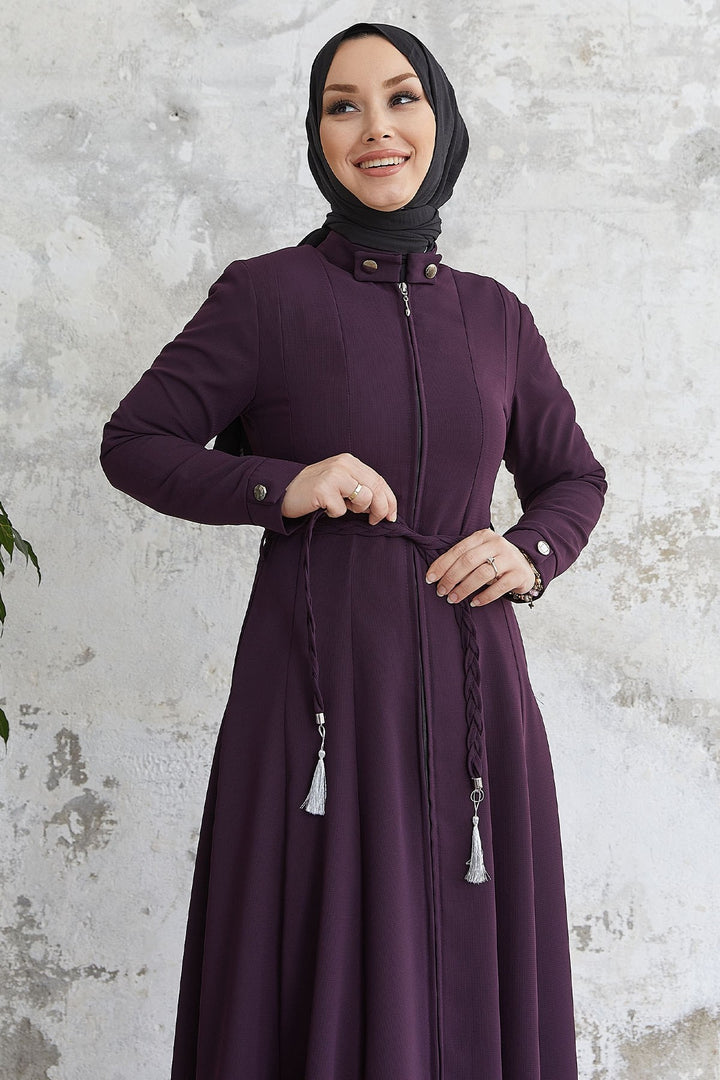 MDS Women Sivya Yakası Düğme Kuşağı Örmeli Ferace - Mürdüm - Poza Rica de Hidalgo
