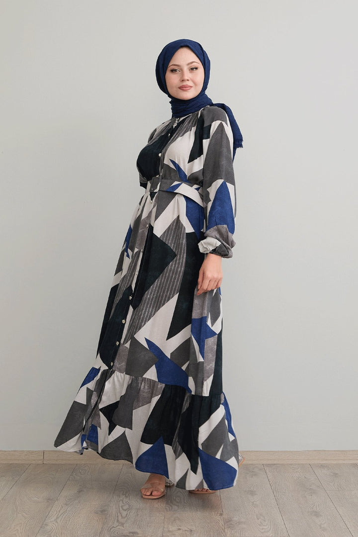 MDS Women Geometric Patterned Belted Anthracite Viscose Dress - Pulheim