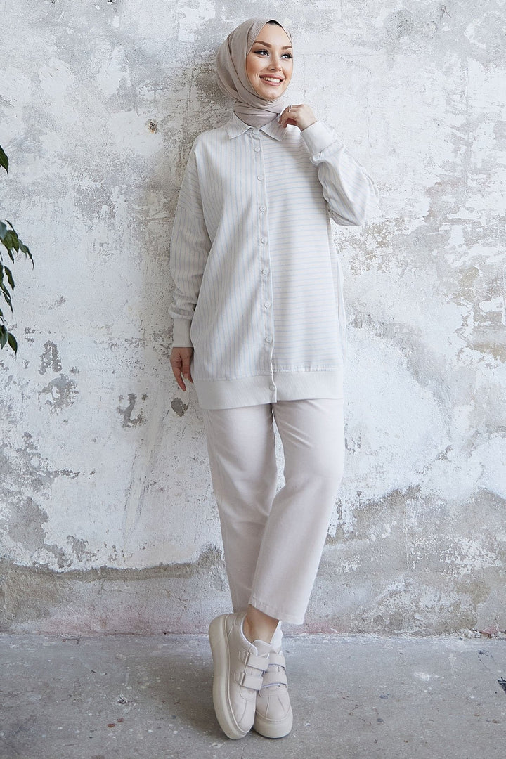 MDS Women Striped Pattern Linen Shirt Set - Light Blue - Matamoros