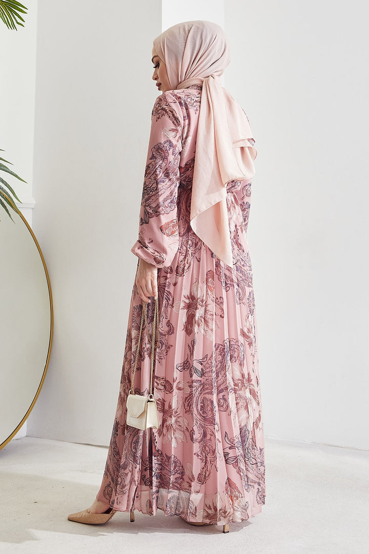 MDS Women Serena Flower Pattern Pleated Chiffon Dress - Rose Pink - Toulouse