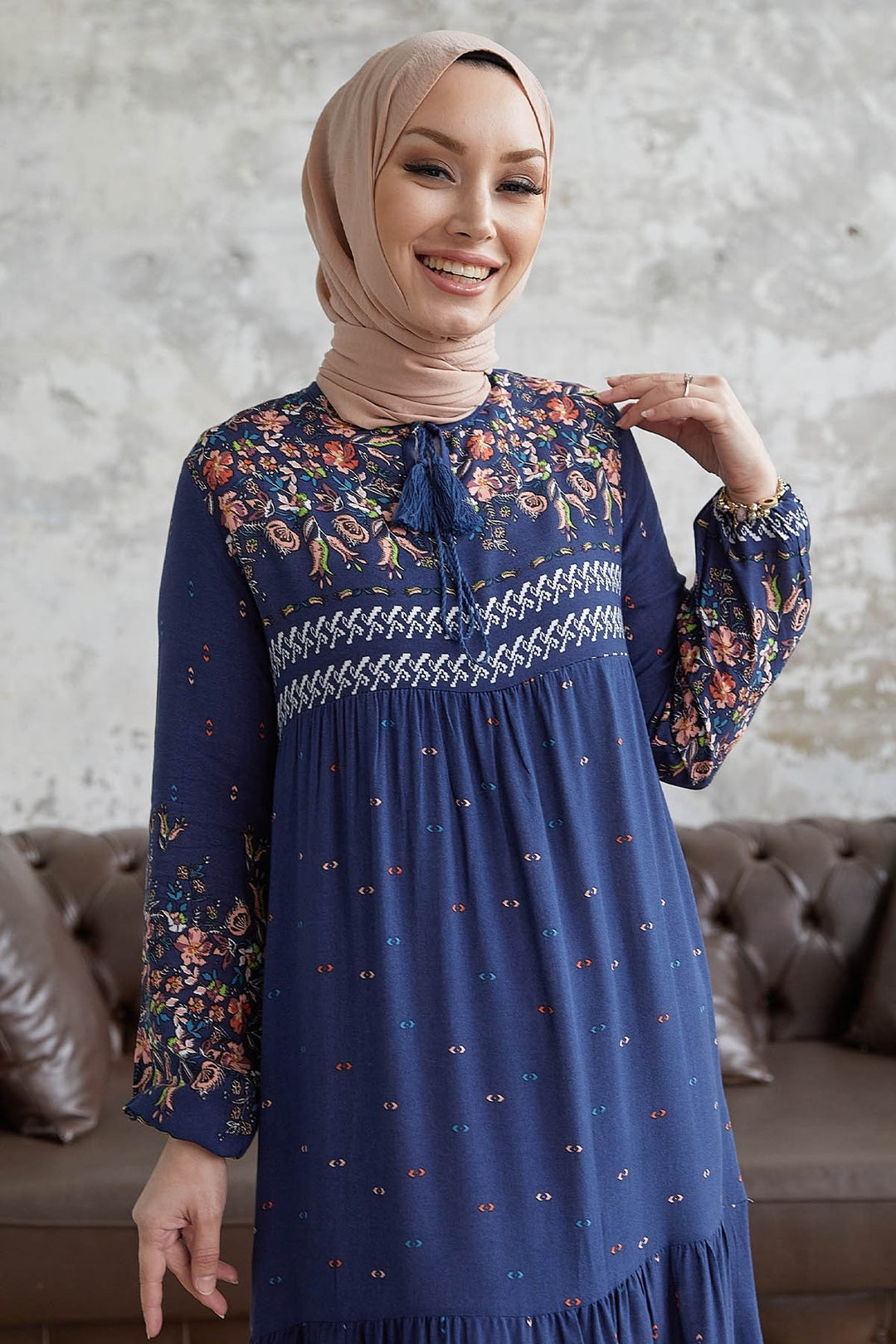 MDS Women Flowy Dress with Watery Pattern - Navy Blue - Land O Lakes