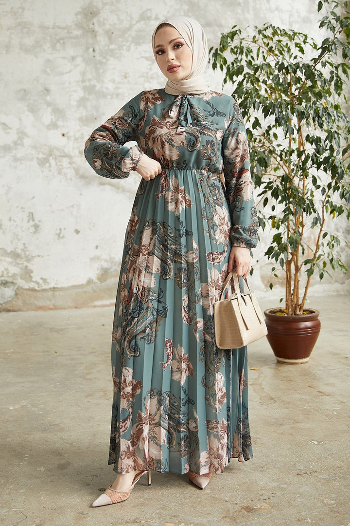 MDS Women Serena Flower Pattern Pleated Chiffon Dress - Petrol Green - Veenendaal