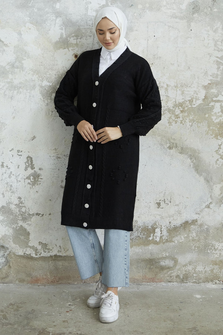 MDS Women Lomira Stone Button Detailed Knit Cardigan - Black - Temixco