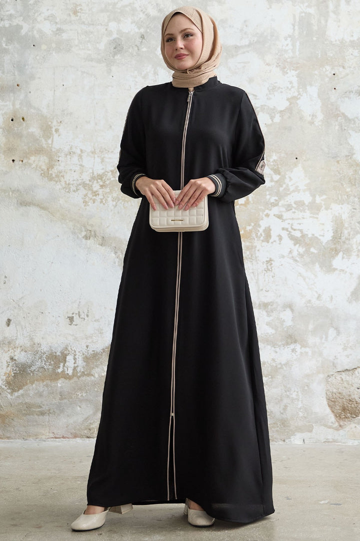 MDS Women Black Abaya with Half-Collar and Ribbed Sleeve - Flagstaff