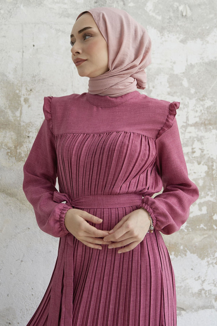 MDS Women Ruffle Trim Linen Dress with Puff Sleeves - Fuchsia - Irvine
