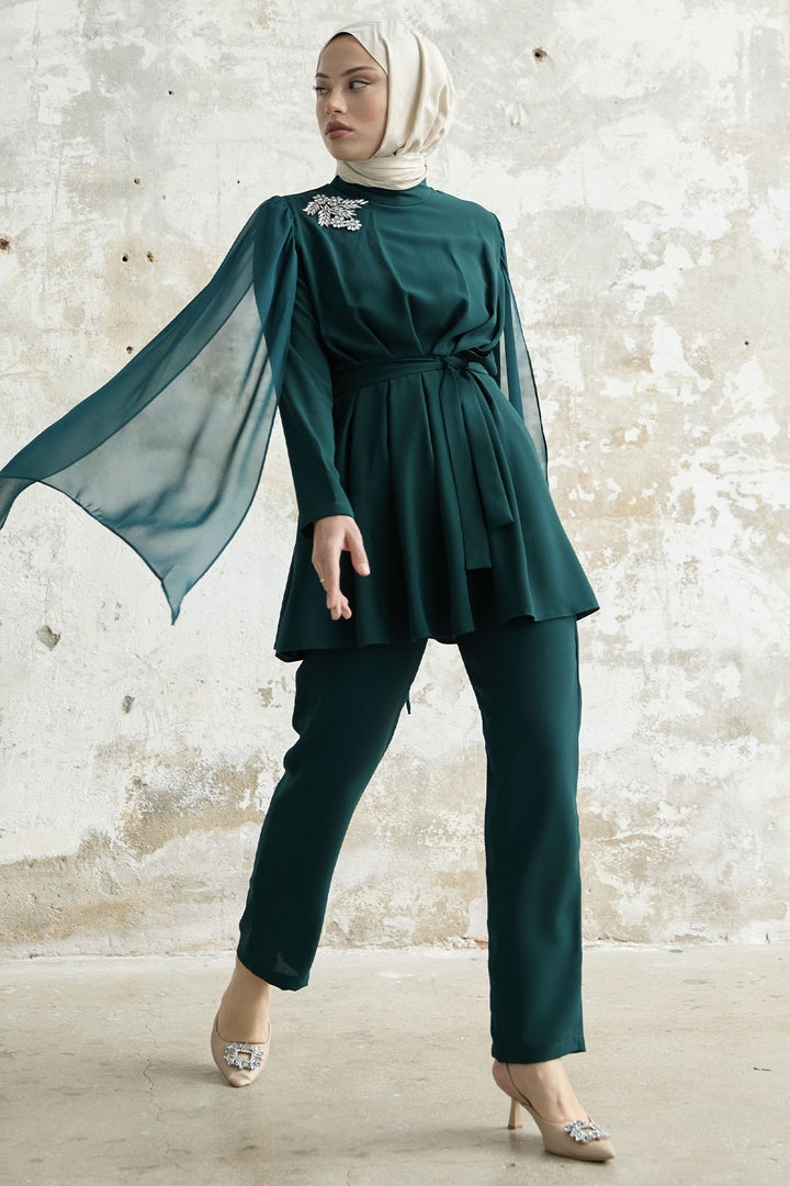 MDS Women Stone-Accented Arm Tulle Crepe Emerald Green Set - Motril