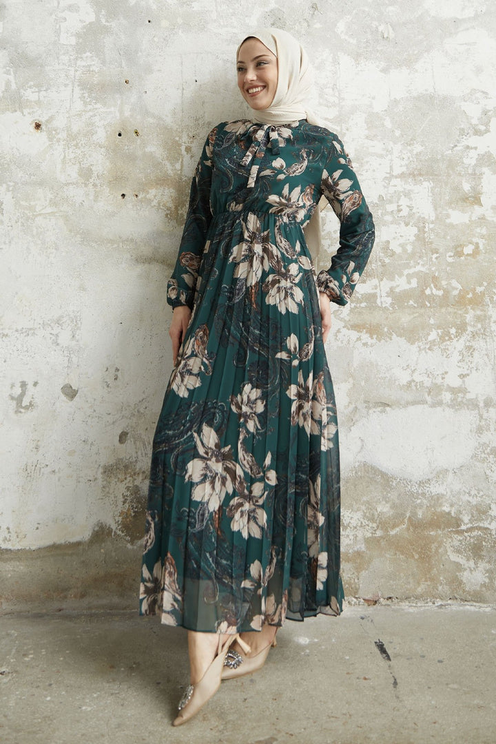 MDS Women Serena Flower Pattern Pleated Chiffon Dress - Green - Saint-Maur-des-Fossés