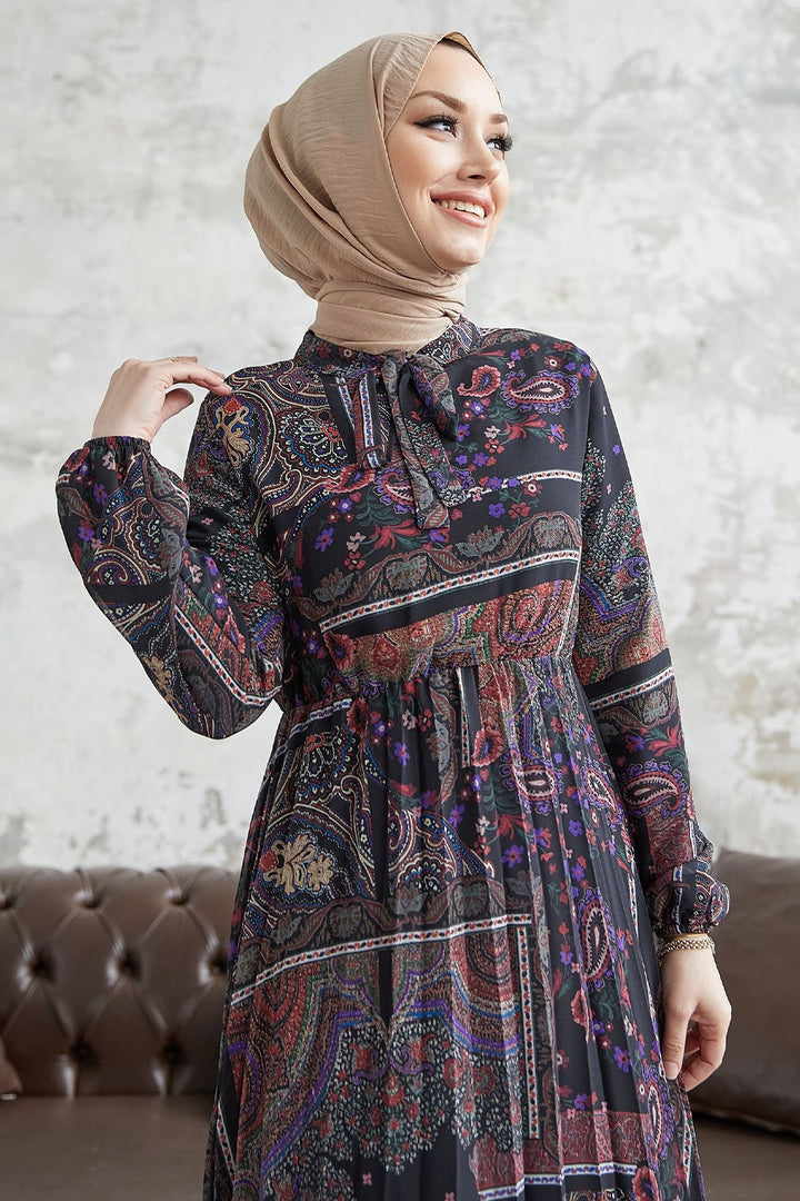 MDS Women Viera Shawl Patterned Collar Belted Chiffon Dress - Black - Vigevano