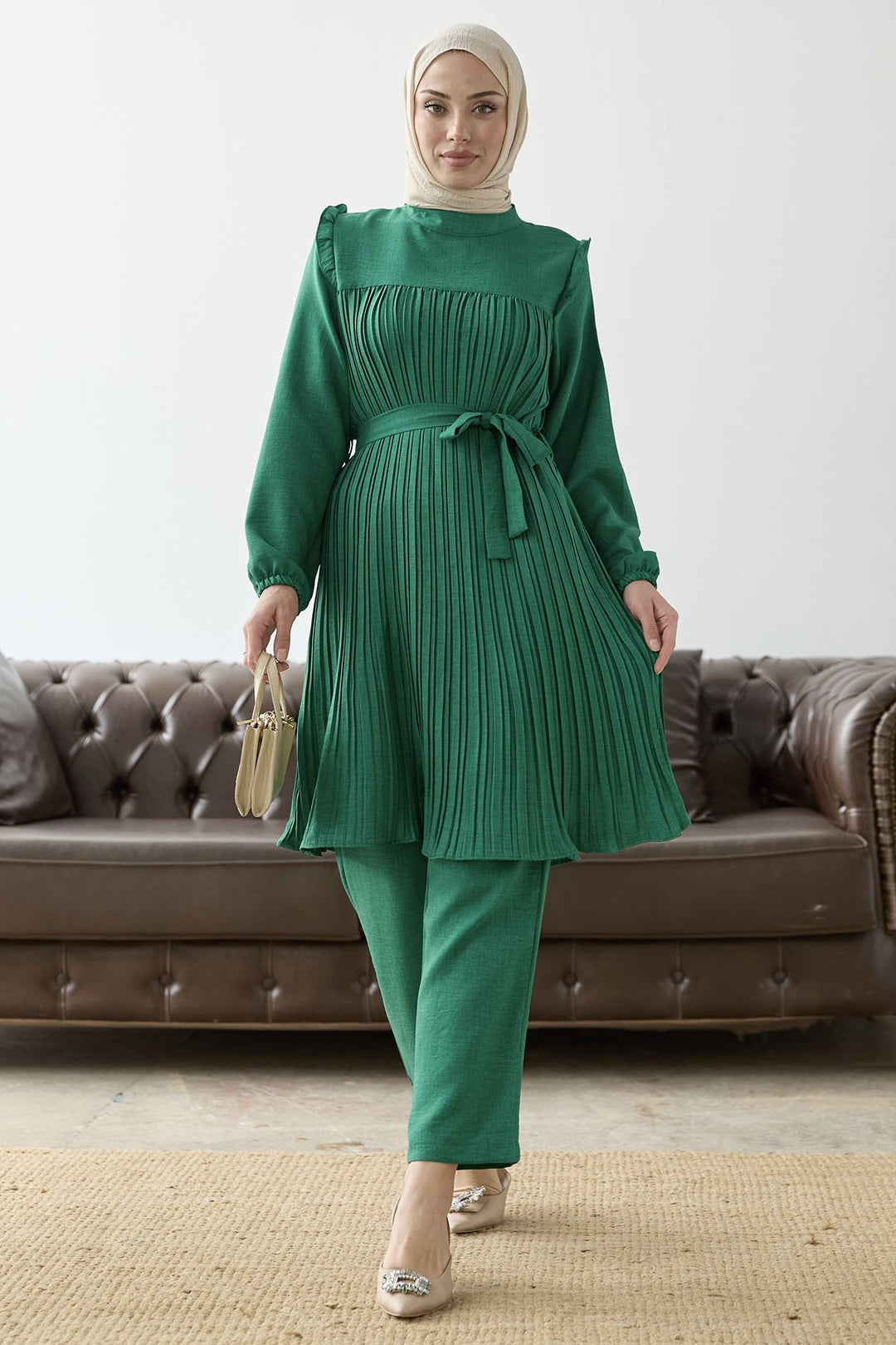 MDS Women Ruffled Detail Set with Front Pleat - Emerald Green - Felgueiras