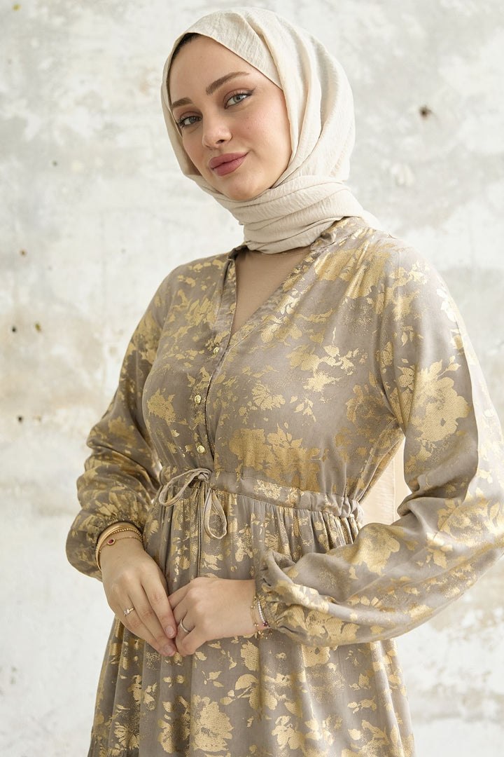 MDS Women Gold Leaf Patterned Dress - Beige - Berwyn