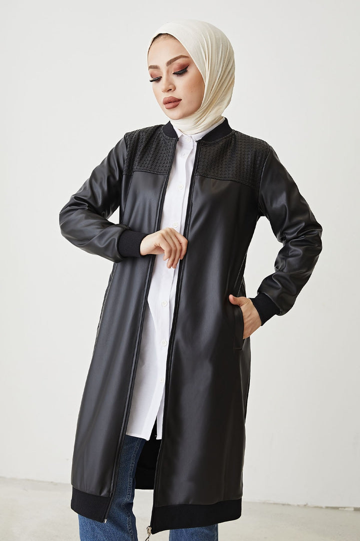 MDS Women Ribbed Zippered Leather Jacket - Black - San Antonio Enchisi