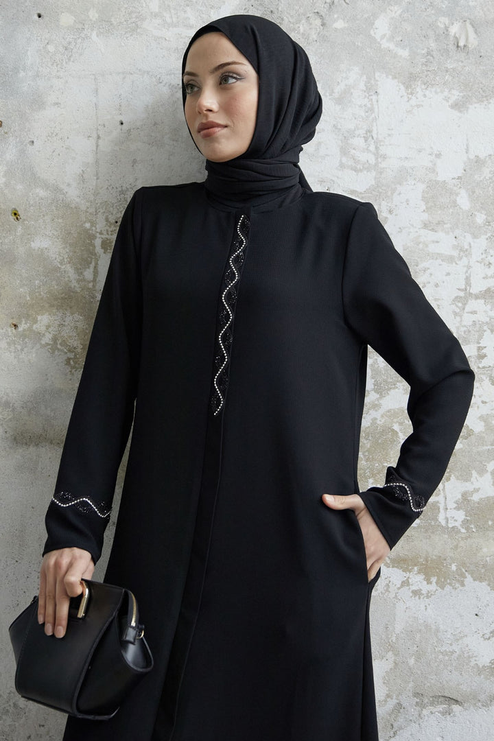 MDS Women Spiral Stone Detailed Honeycomb Abaya - Black - Grand Junction