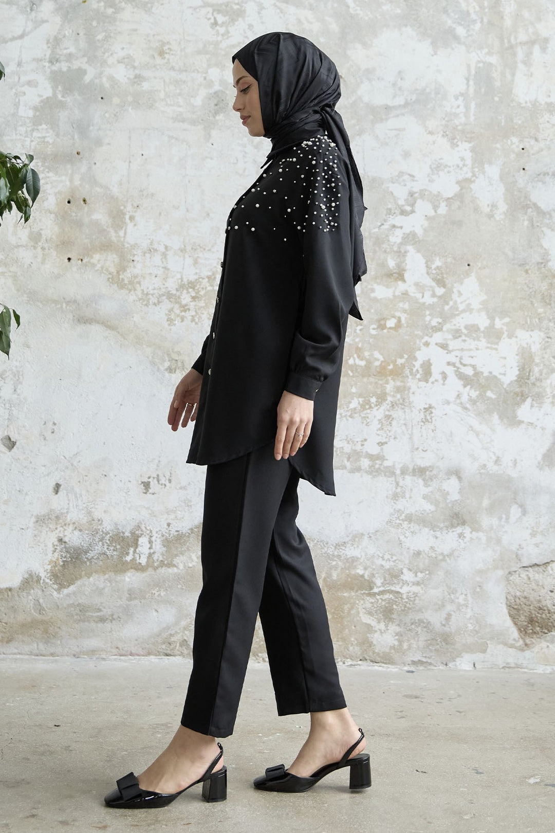 MDS Women Linen Set with Embroidery - Black - Baytown