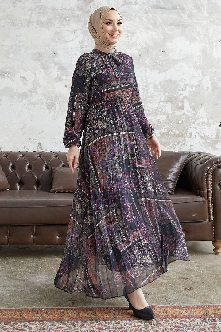 MDS Women Viera Shawl Patterned Collar Belted Chiffon Dress - Black - Vigevano