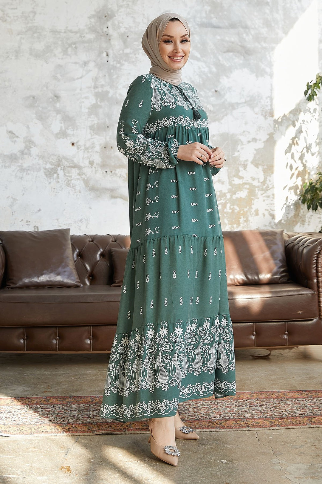 MDS Women Selva Front Tasseled Patterned Viscose Dress - Mint - Langen