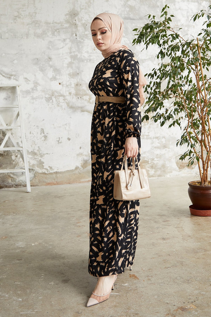 MDS Women Rena Straw Belted Patterned Dress - Black - Fremont