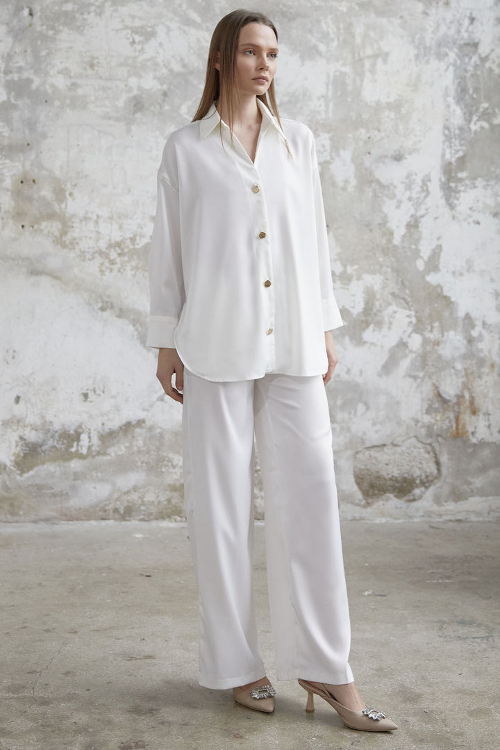 MDS Women Satin Shirt and Pants Suit - White - Lafayette