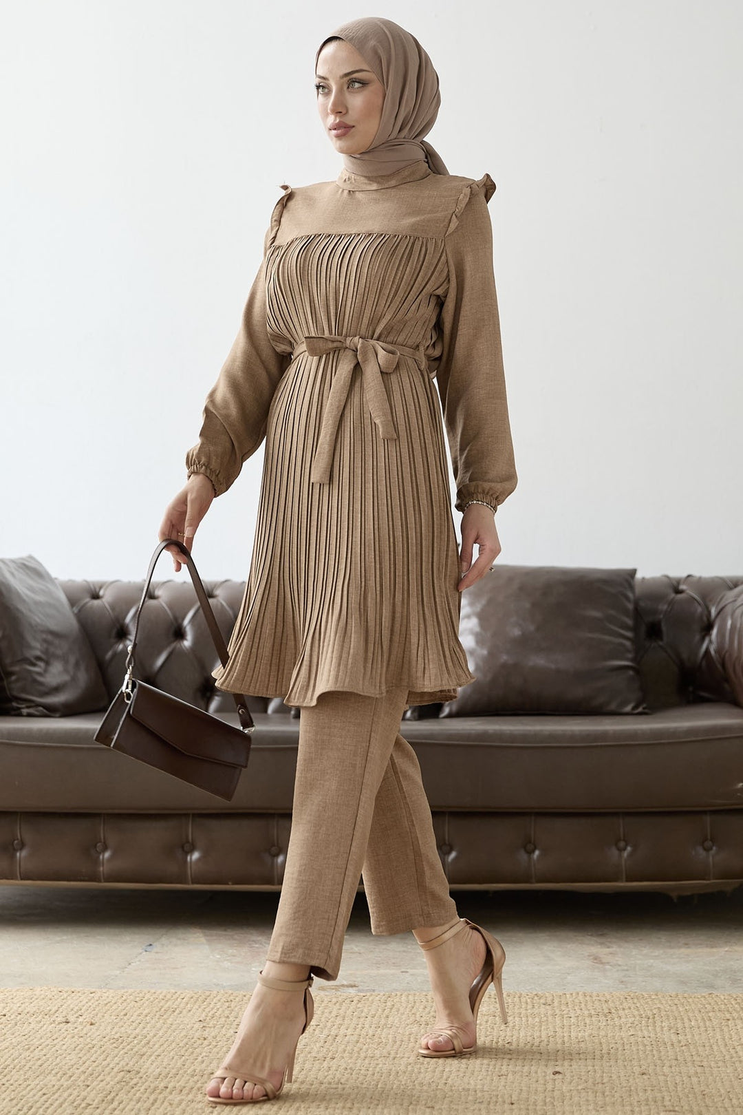 MDS Women Ruffled Detail Set with Front Pleat - Milky Coffee - Edison