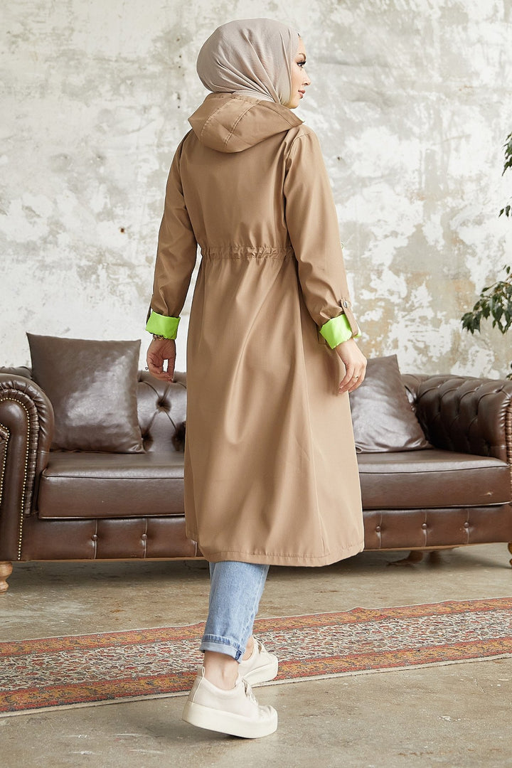 MDS Women Waist Gathered Hooded Neon Trench Coat - Beige \ Green - Bossier City