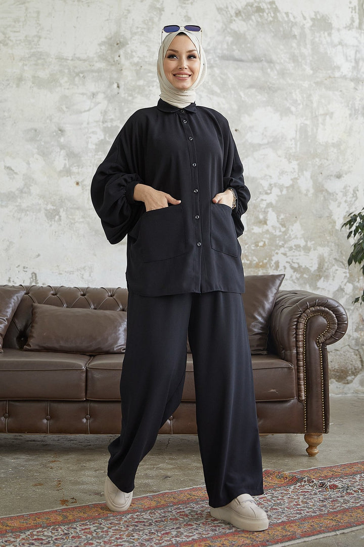 MDS Women Muno Balloon Sleeve Casual Set - Black - Beaumont