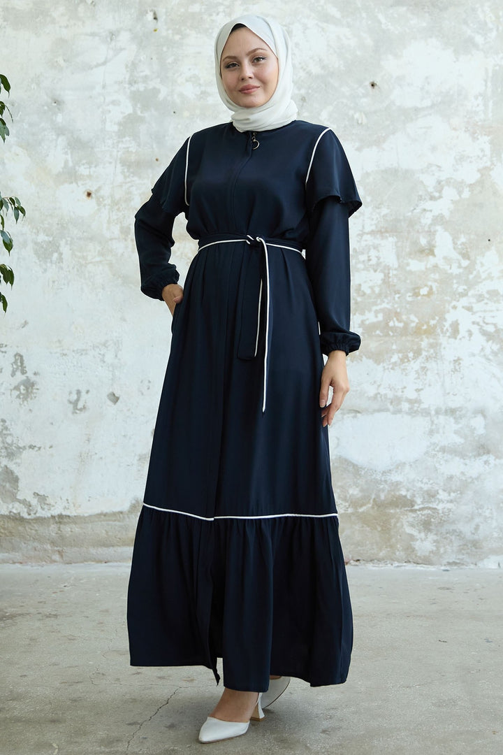 MDS Women Navy Blue Coat with Arm Detail and Belt - Stryi