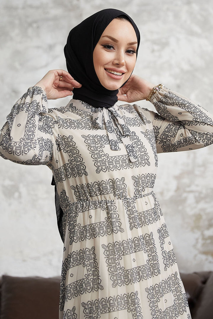 MDS Women White Chiffon Dress with Ethnic Pattern and Tie Collar - Boucherville